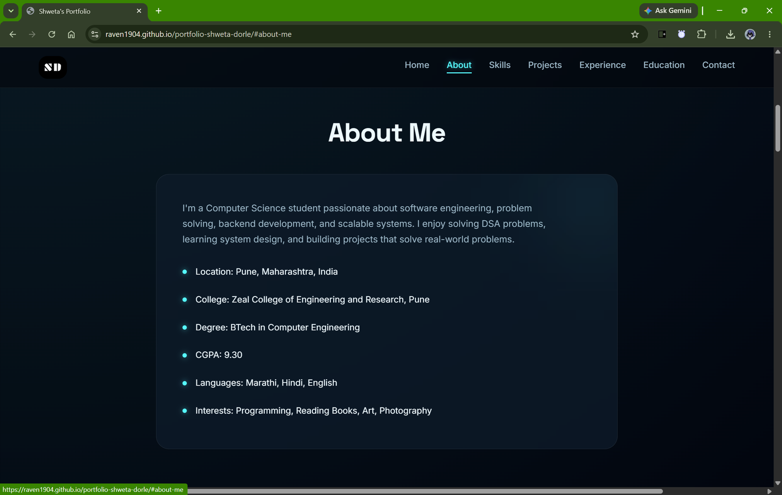 About section of portfolio website