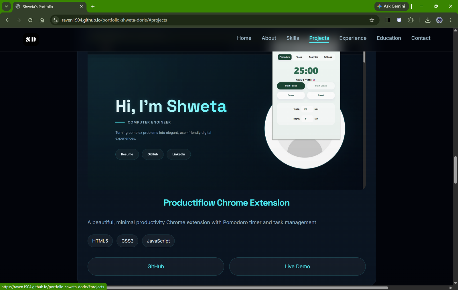 Projects section of portfolio website
